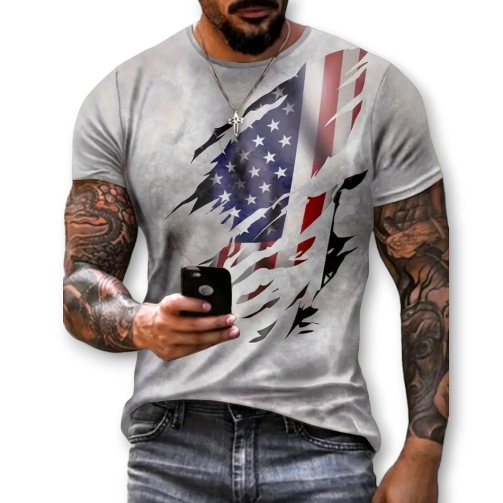 Men's Patriotic July 4th Gray Distressed American Flag Grunge CrewNeck T-shirt,L